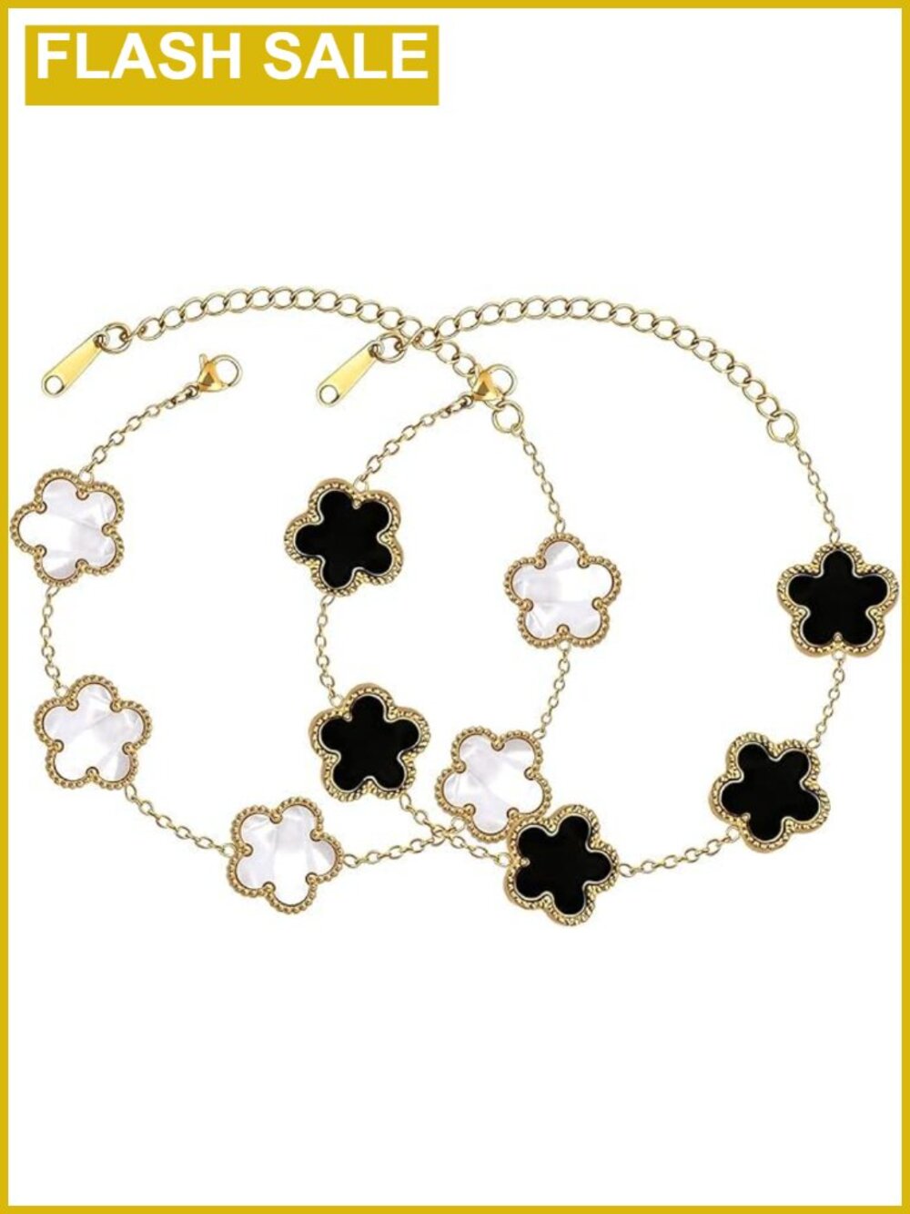 18K Gold Plated Clover & Crystal Bangle Set Women Stackable Link Bracelet Lucky